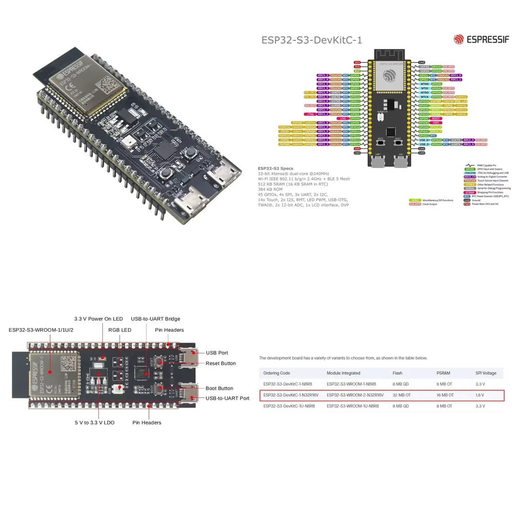 Devkitc - Espressif ESP32-S3-DevKitC-1 Geliştirme Kartı, ESP32-S3-WROOM-2-N32R16V modülünü